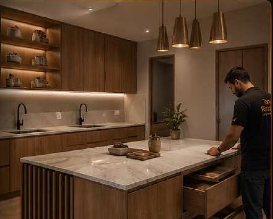 Custom kitchen carpentry, cabinetry and countertop installation by Rizqon in Dubai
