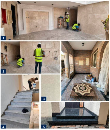 Interior wall and floor stone installation project collage